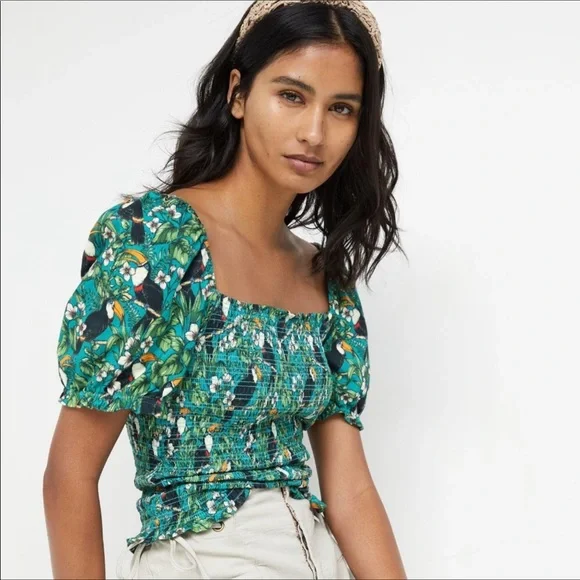 Anthro DOLAN Smocked Puff-Sleeved Toucan Top S - Picture 3 of 12